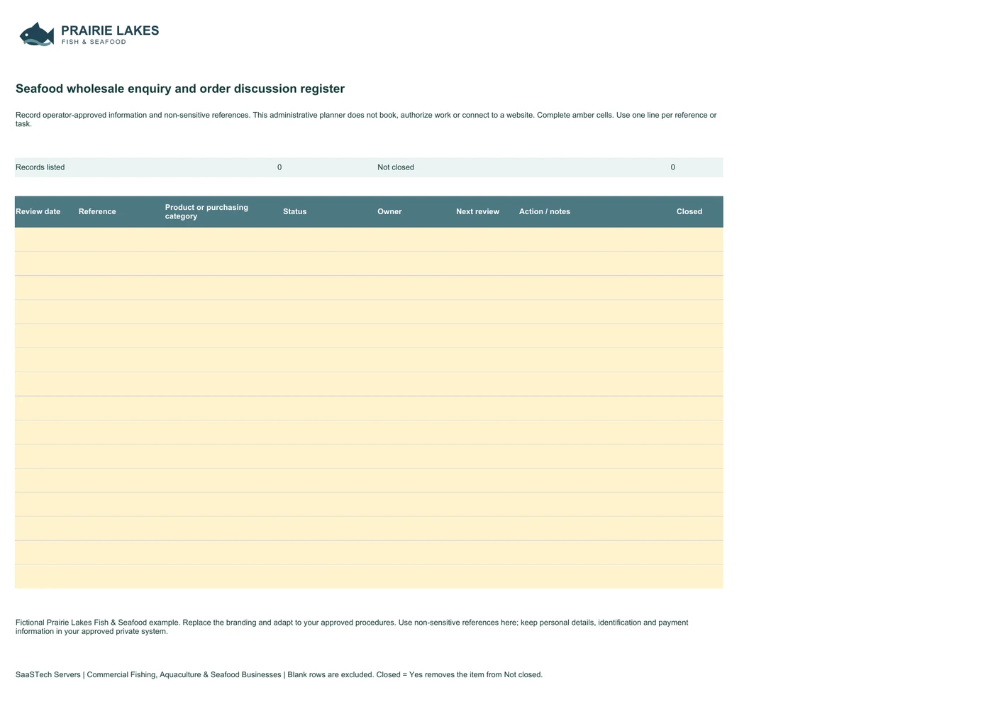 Seafood wholesale enquiry and order discussion register