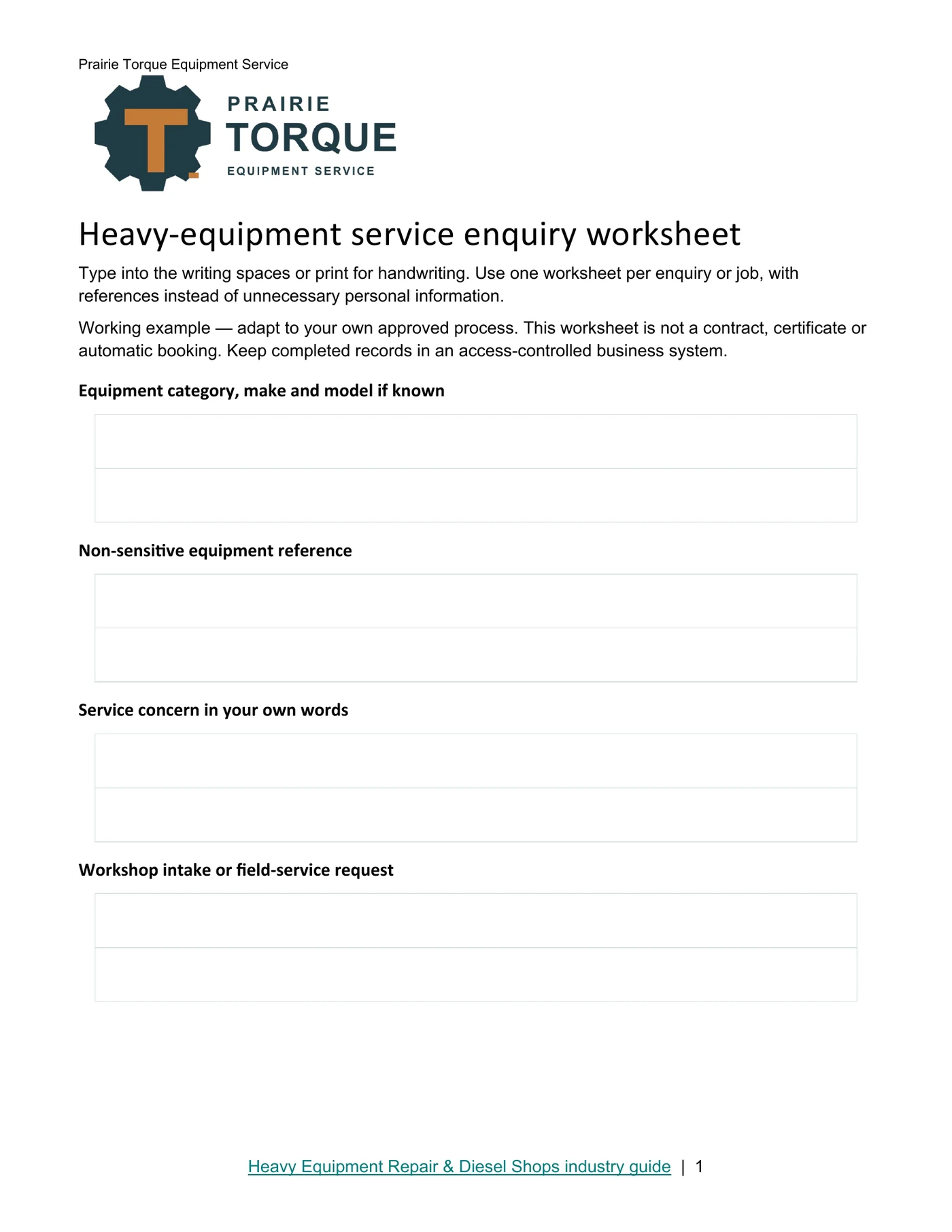 Heavy-equipment service enquiry worksheet · Page 1