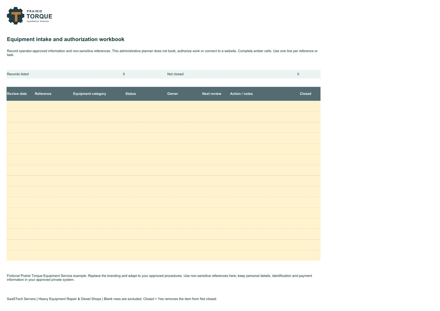 Equipment intake and authorization workbook