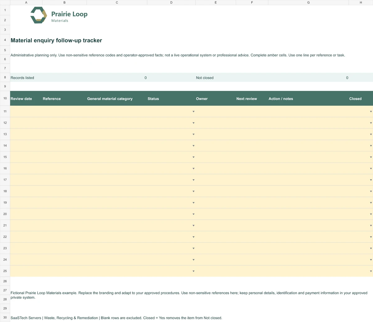 Material enquiry follow-up tracker
