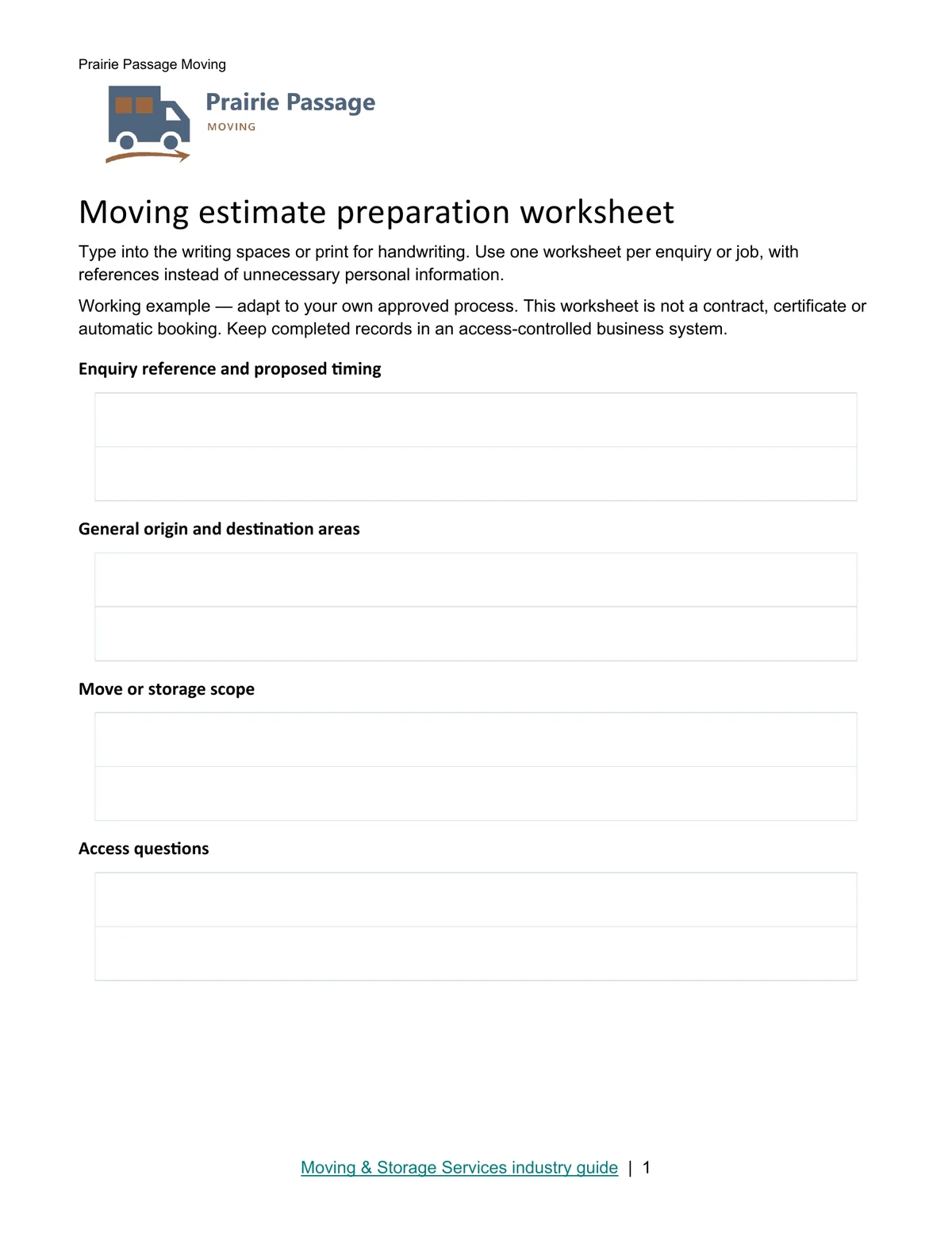 Moving estimate preparation worksheet · Page 1