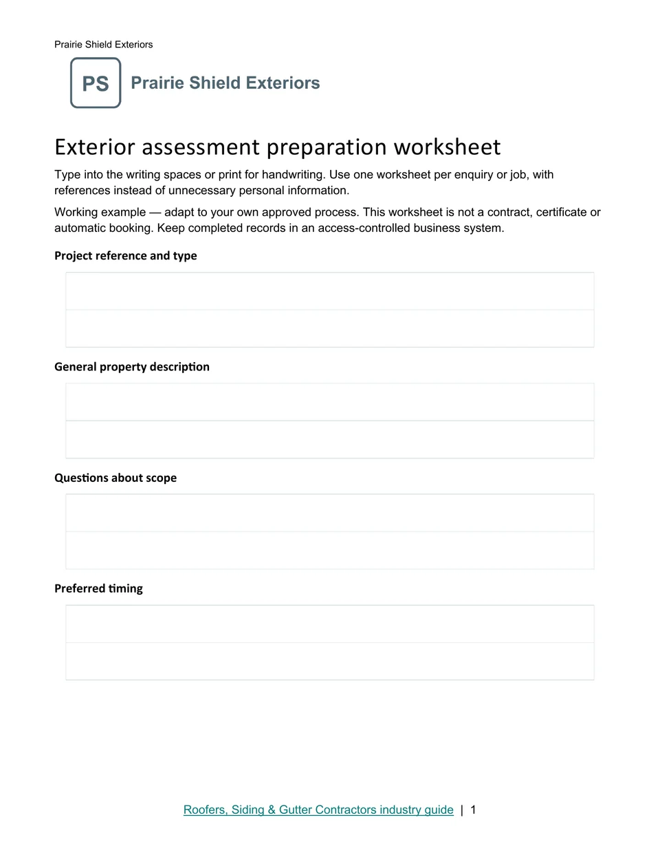 Exterior assessment preparation worksheet · Page 1