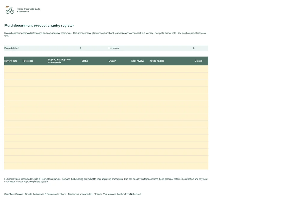 Multi-department product enquiry register
