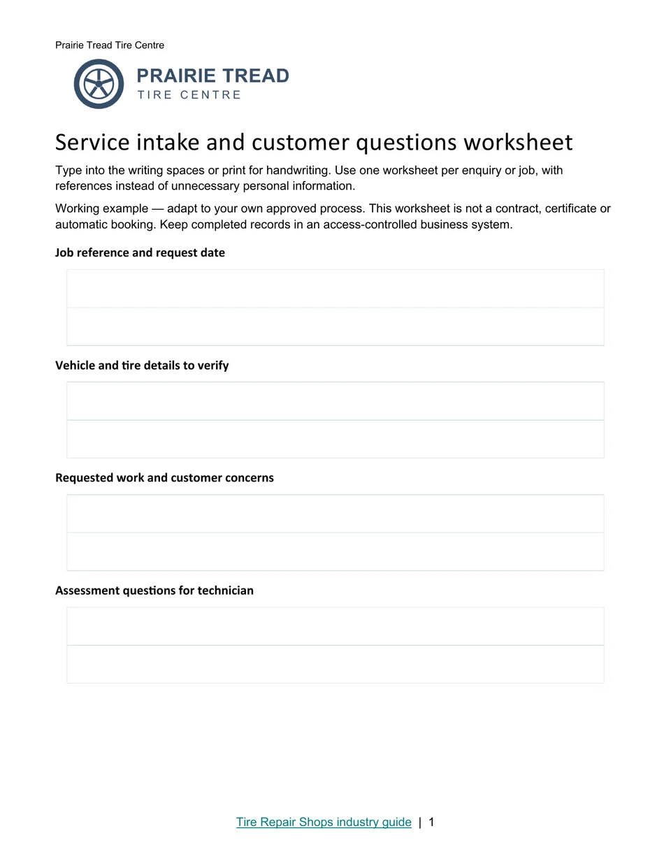 Service intake and customer questions worksheet · Page 1