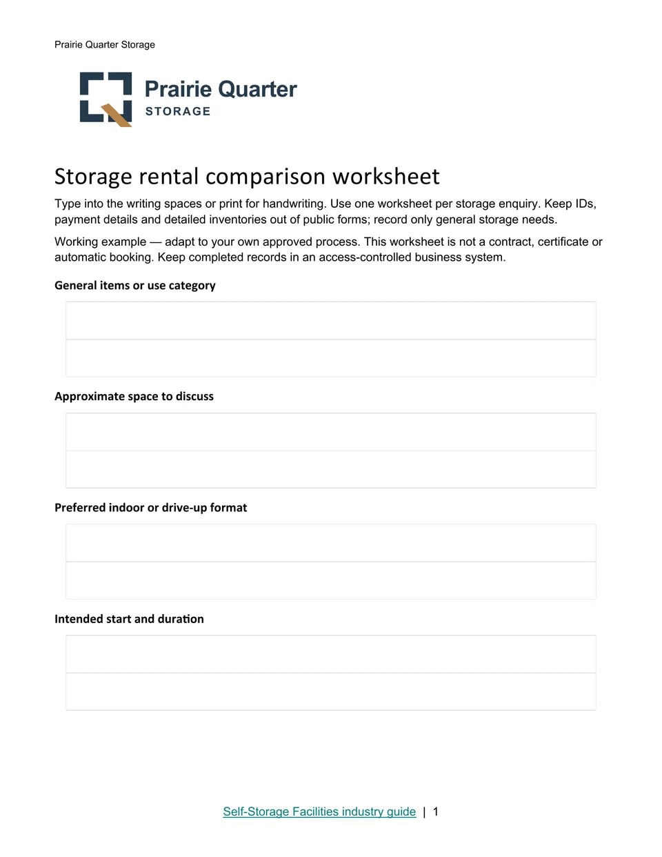 Storage rental comparison worksheet · Page 1