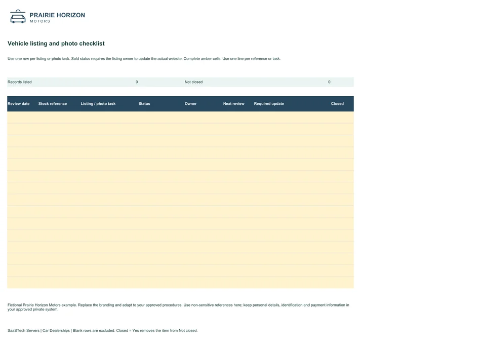 Vehicle listing and photo checklist