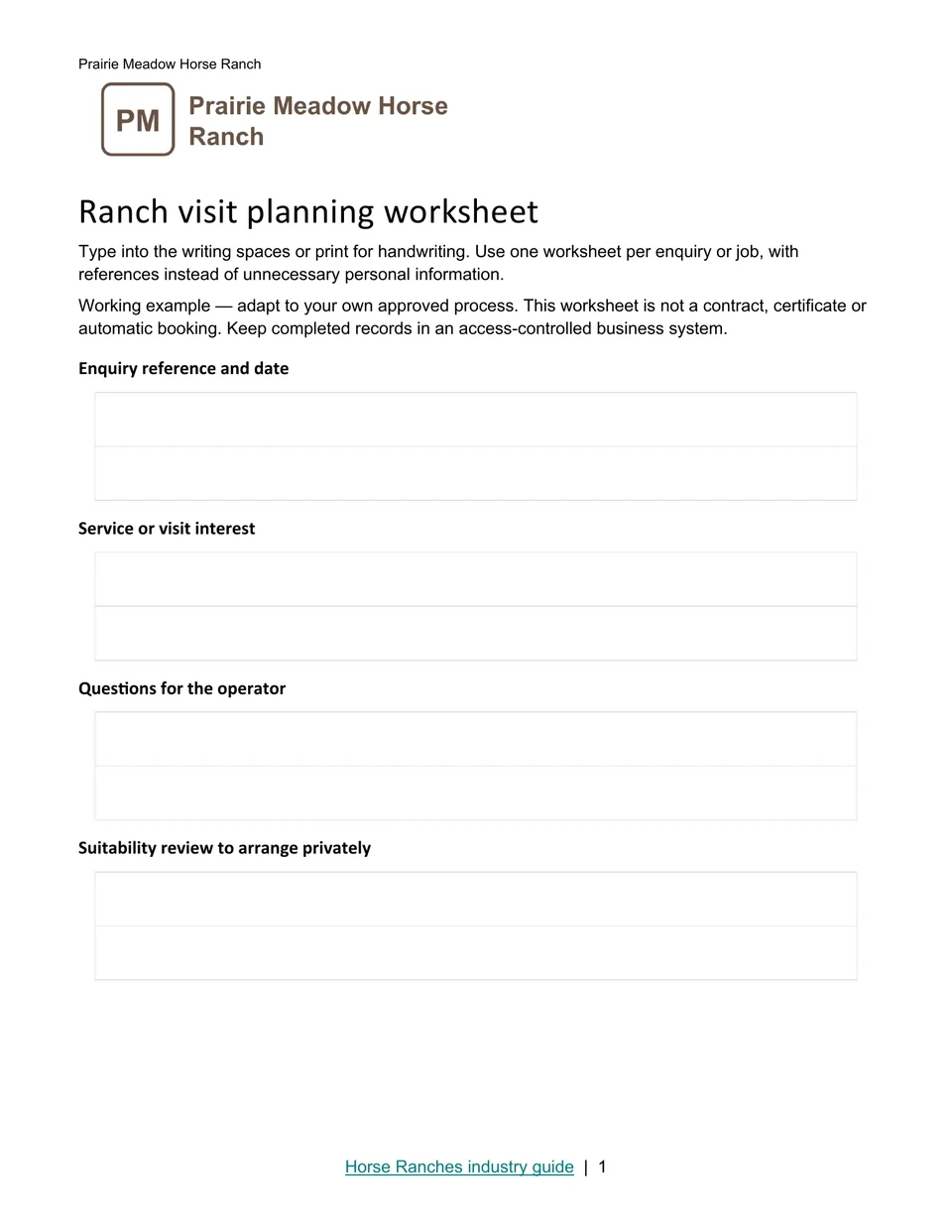 Ranch visit planning worksheet · Page 1