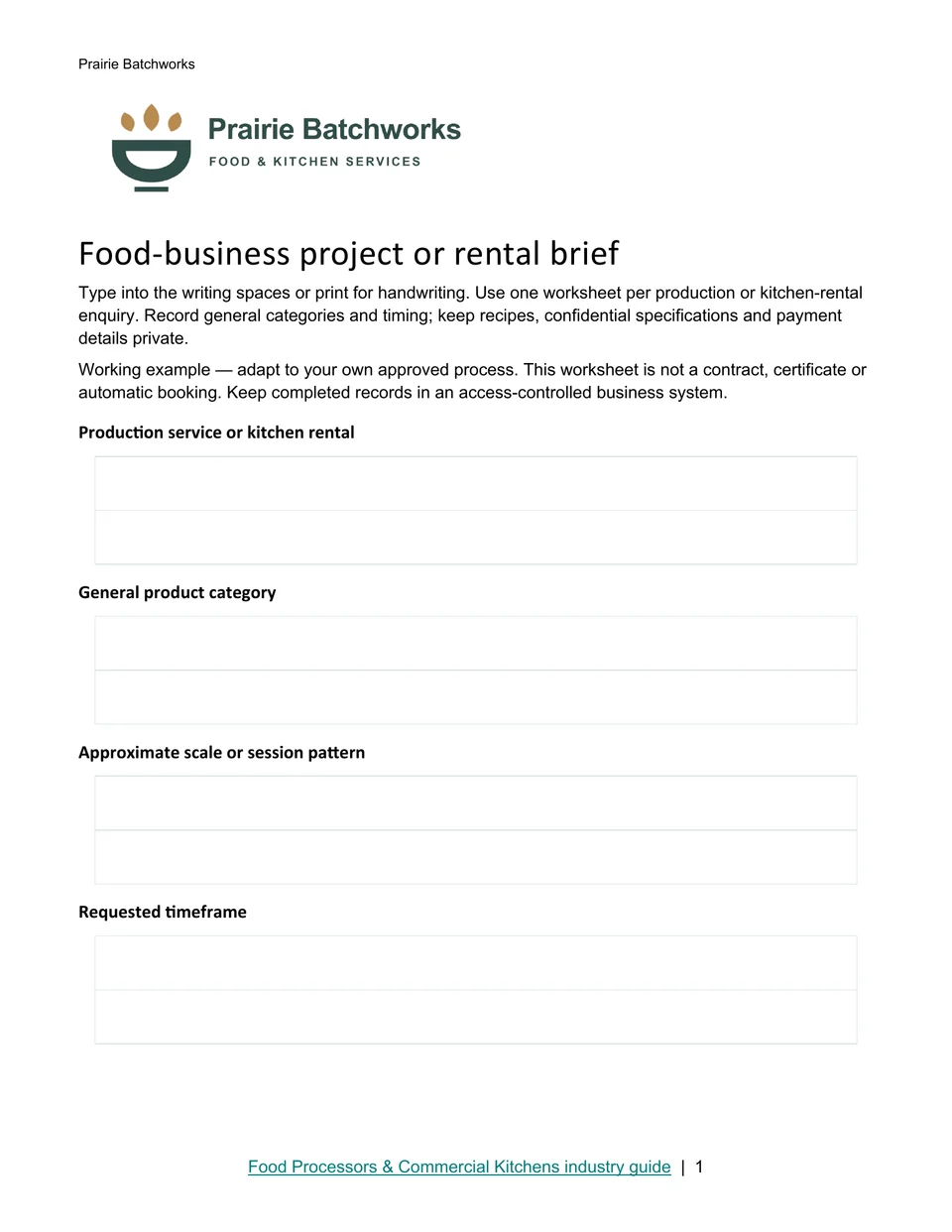 Food-business project or rental brief · Page 1