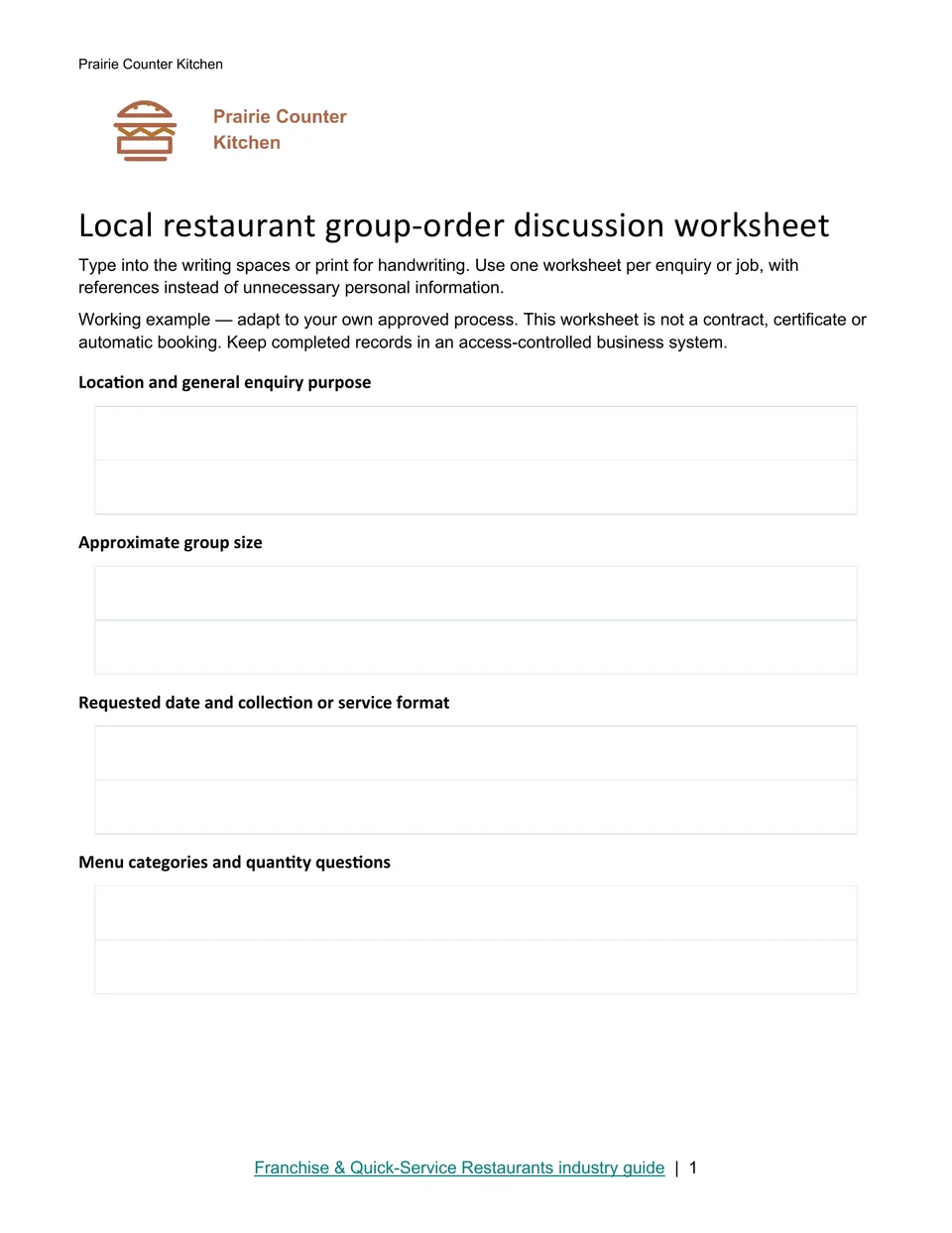 Local restaurant group-order discussion worksheet · Page 1