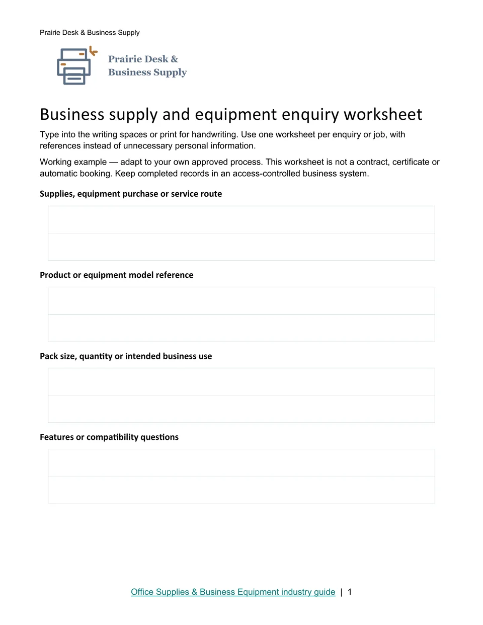 Business supply and equipment enquiry worksheet · Page 1