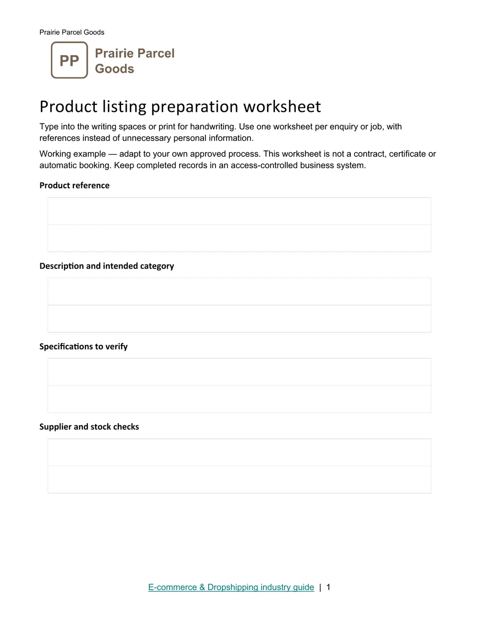Product listing preparation worksheet · Page 1