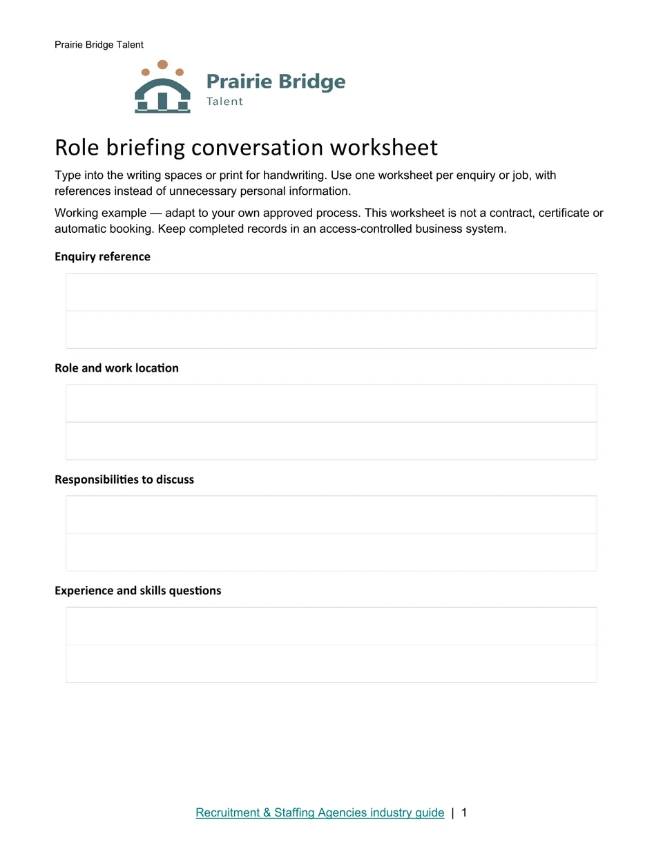 Role briefing conversation worksheet · Page 1