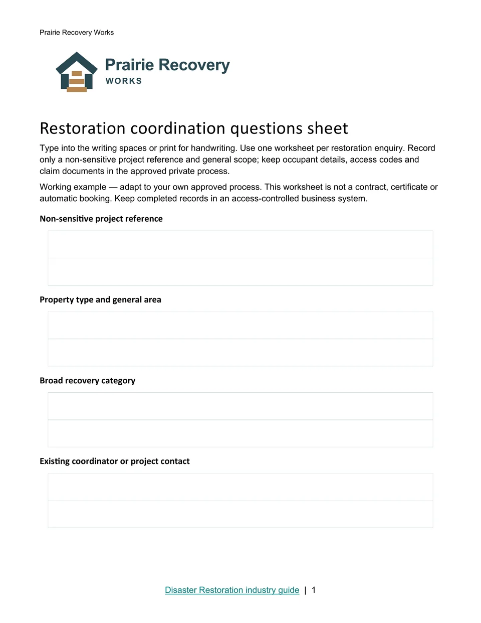 Restoration coordination questions sheet · Page 1