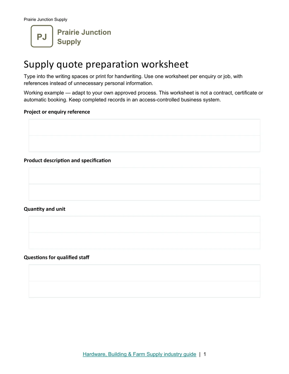 Supply quote preparation worksheet · Page 1
