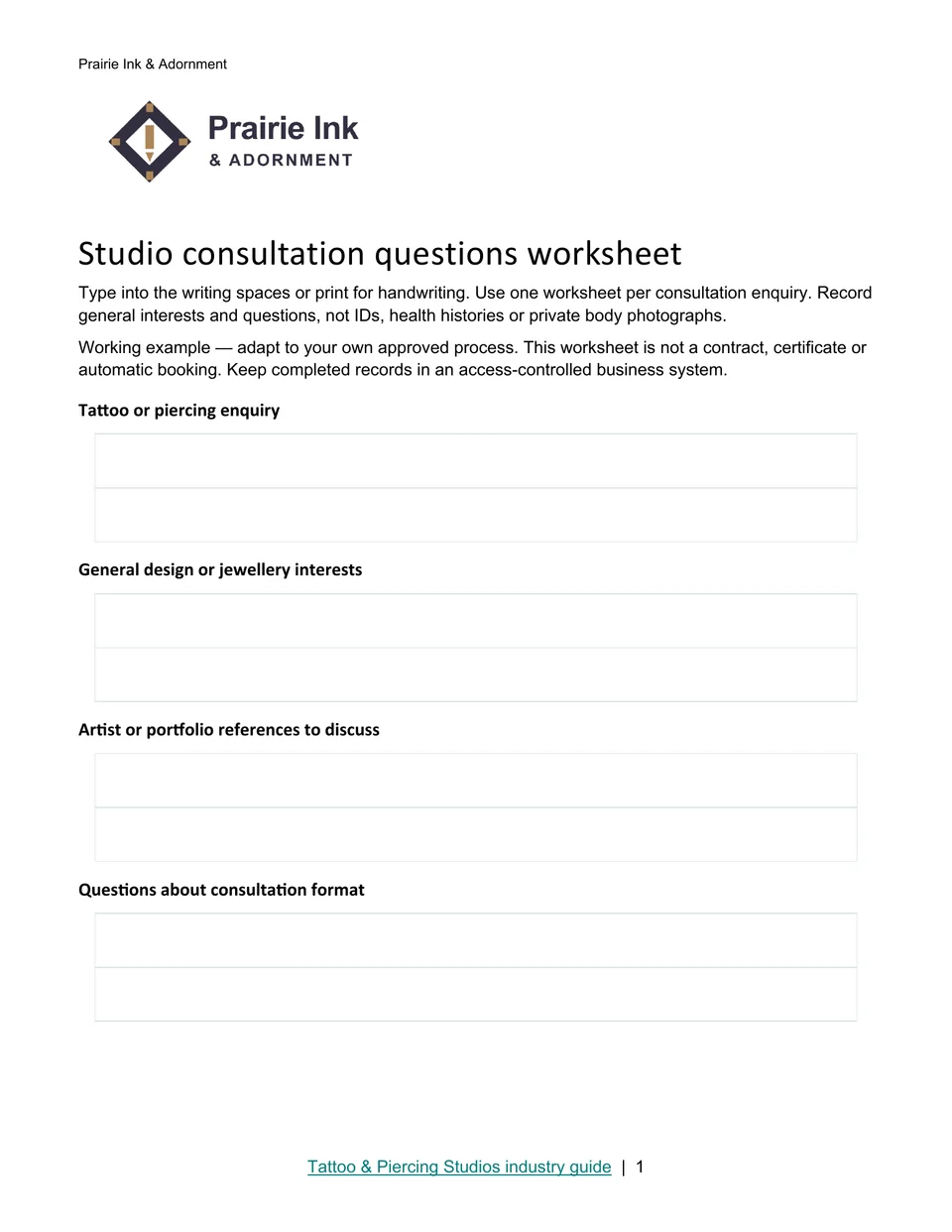 Studio consultation questions worksheet · Page 1