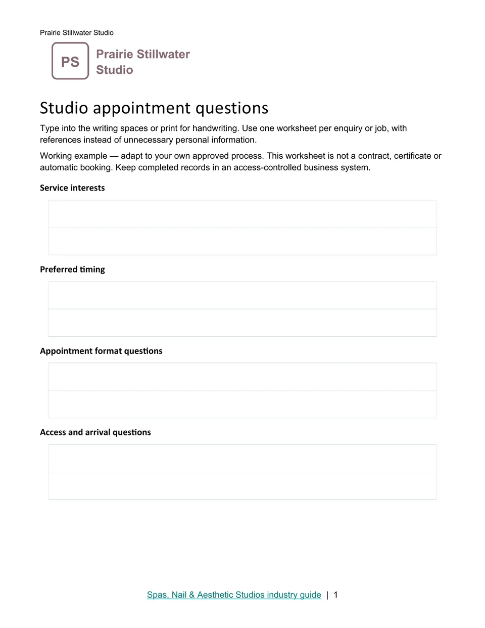 Studio appointment questions · Page 1
