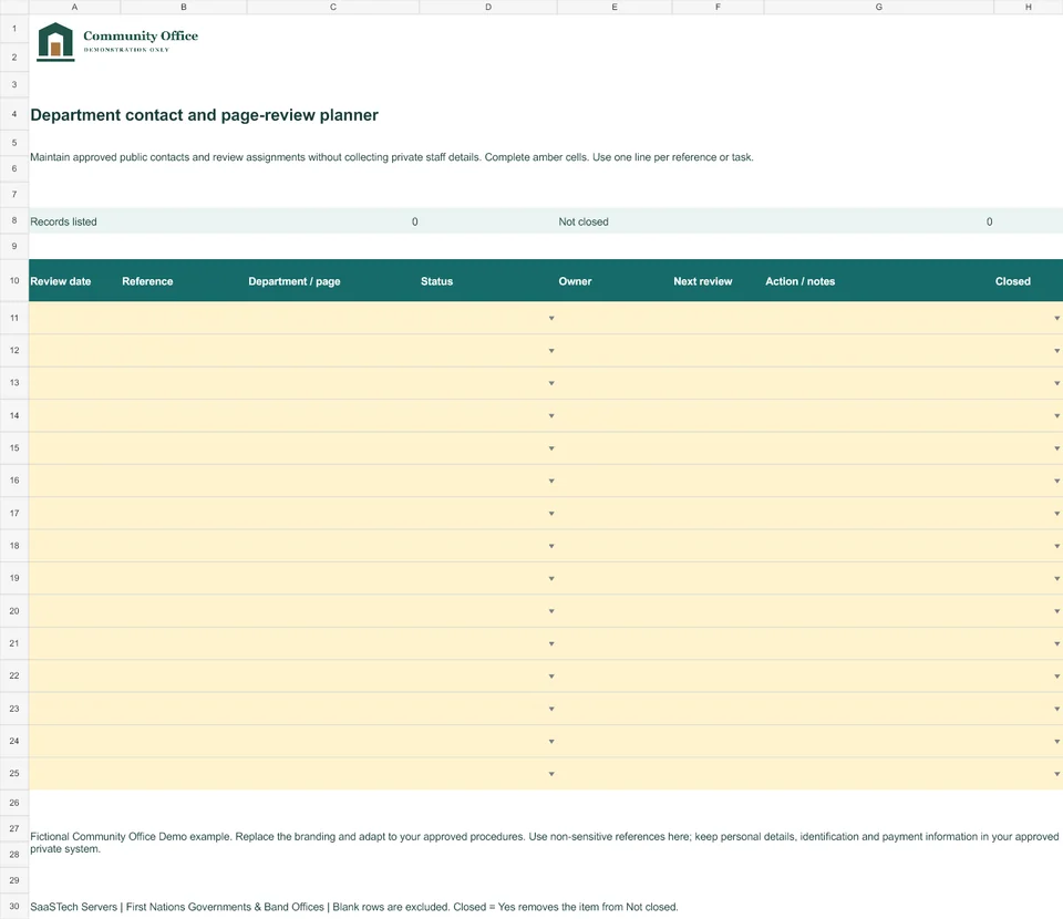 Department contact and page-review planner