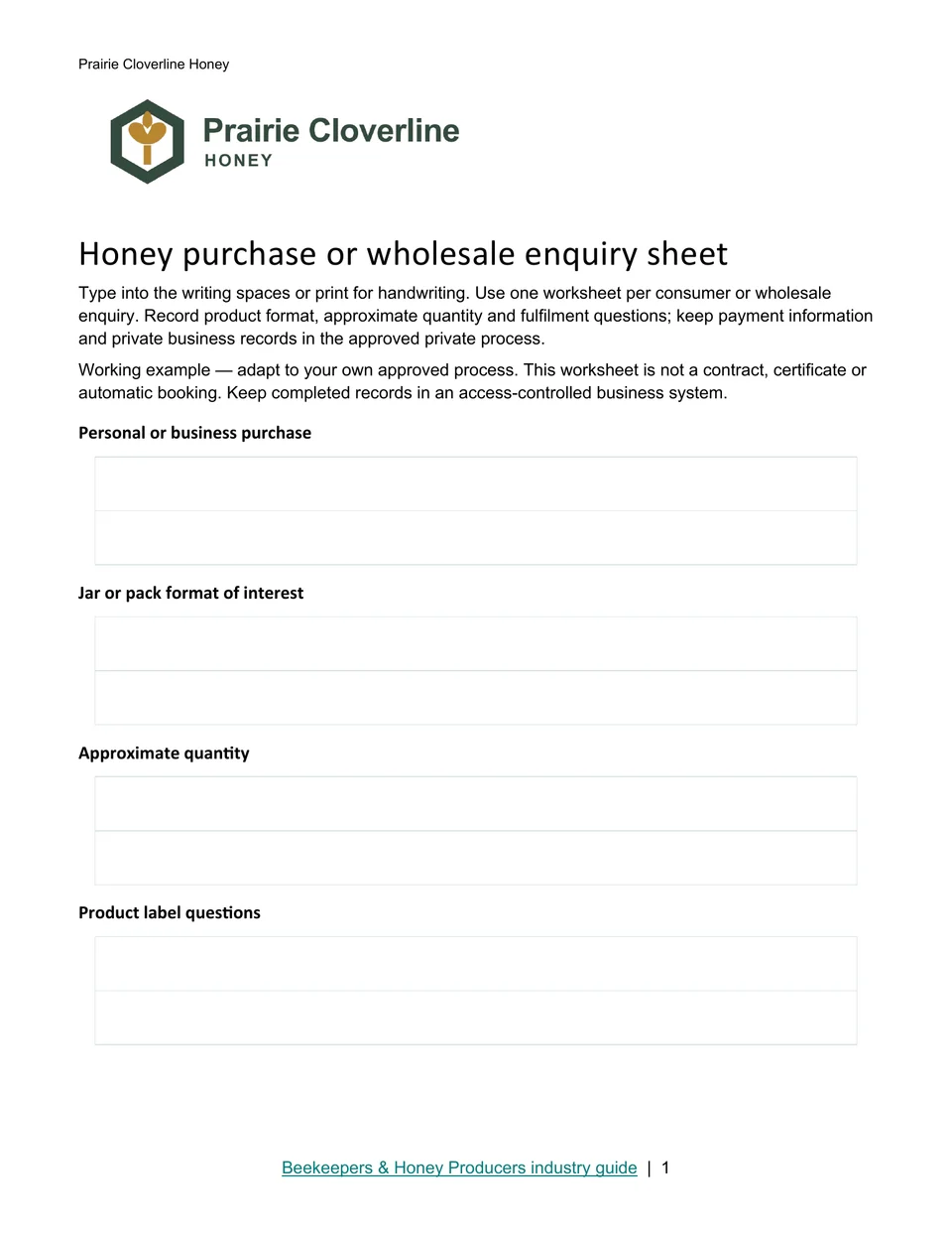 Honey purchase or wholesale enquiry sheet · Page 1