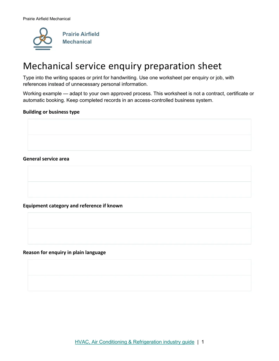 Mechanical service enquiry preparation sheet · Page 1