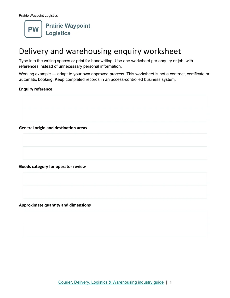 Delivery and warehousing enquiry worksheet · Page 1