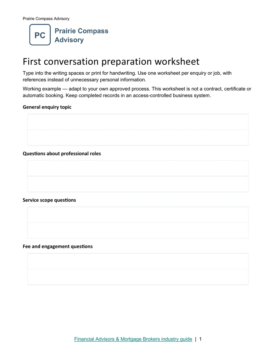 First conversation preparation worksheet · Page 1