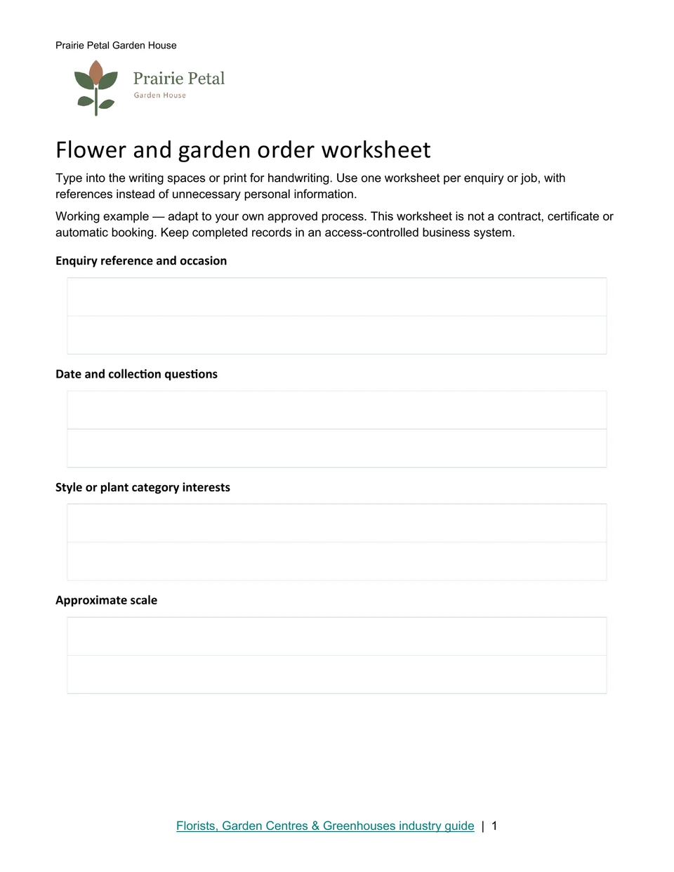 Flower and garden order worksheet · Page 1