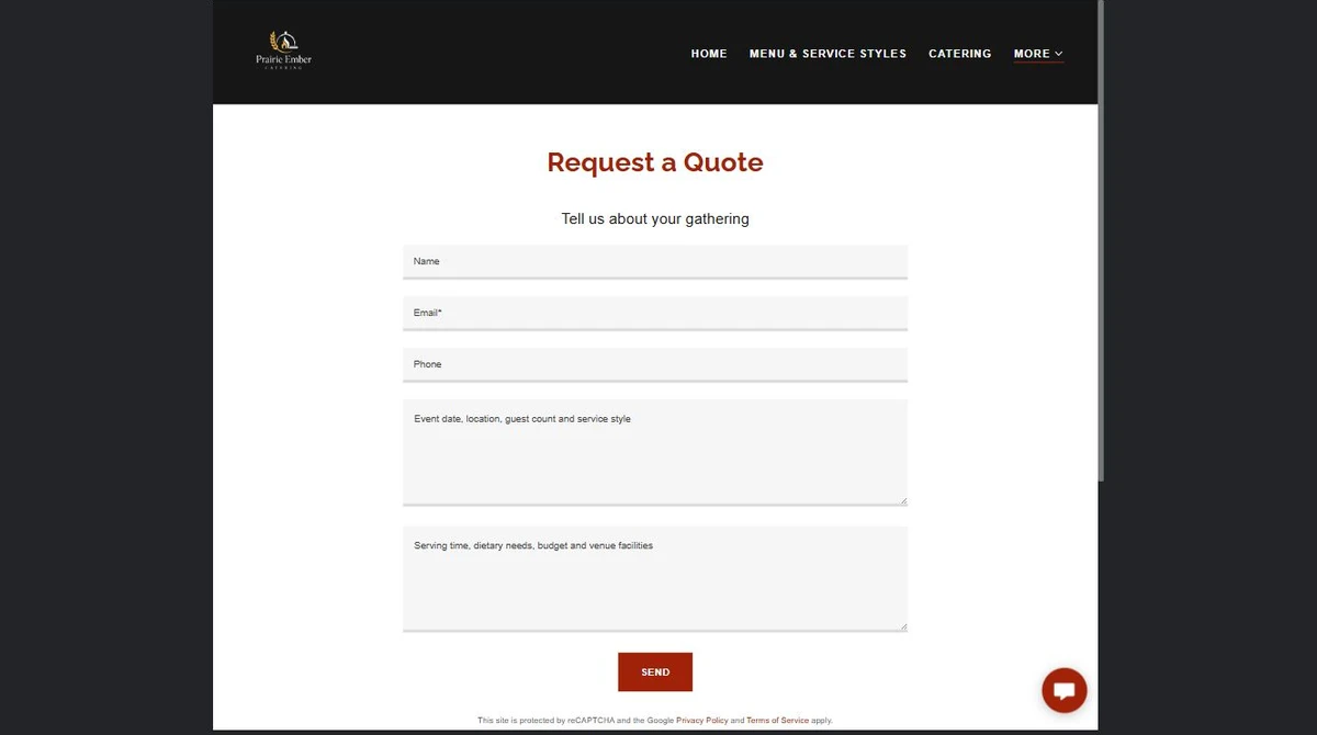 Finished Prairie Ember Catering request a quote page — privacy-cropped excerpt