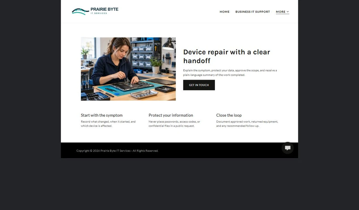 Finished Device Repair example — privacy-cropped excerpt