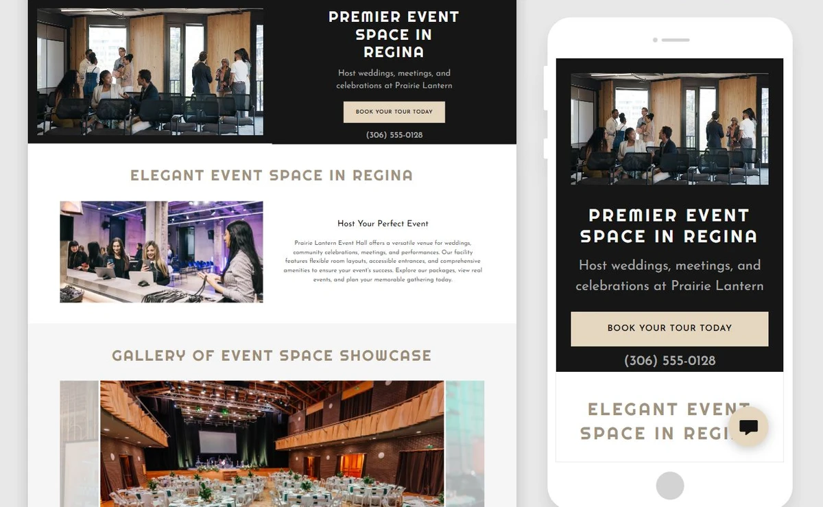 First Website Builder draft for Prairie Lantern Event Hall — privacy-cropped excerpt