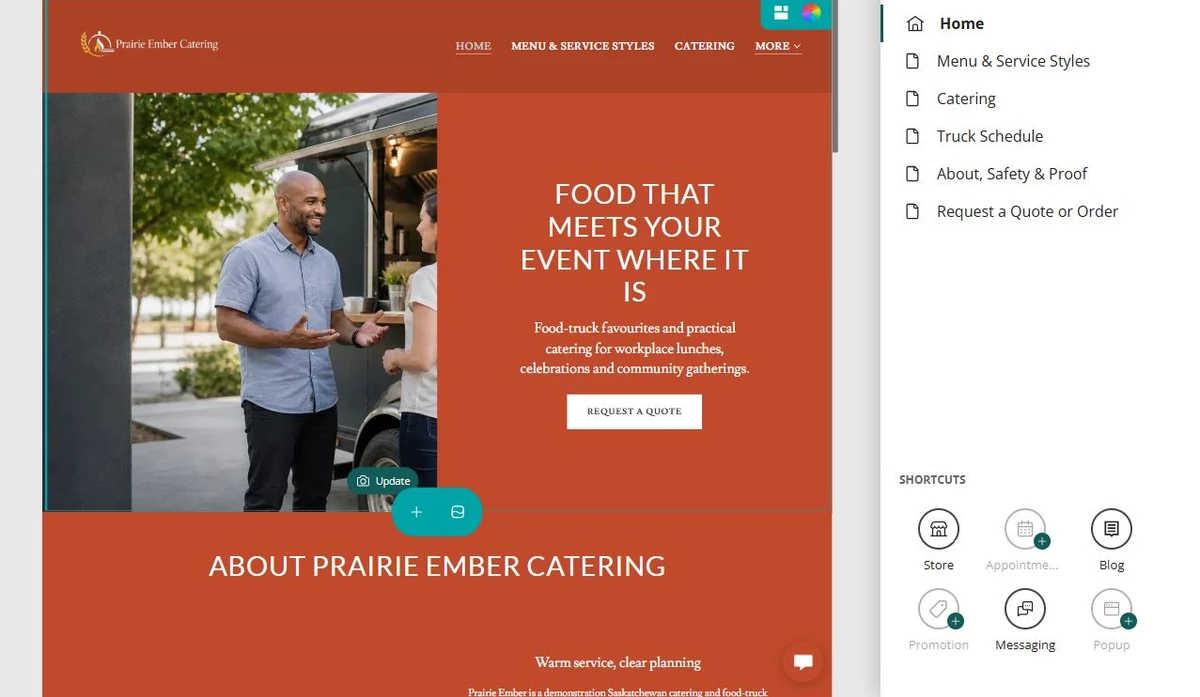 Website Builder editor showing Prairie Ember pages and navigation controls — privacy-cropped excerpt