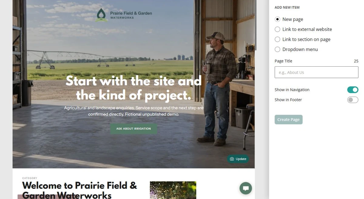 Prairie Field & Garden Waterworks · Add Page — privacy-cropped excerpt