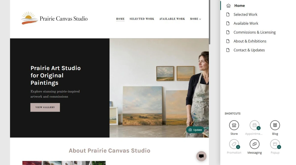 Prairie Canvas Studio home page beside its six-page Website Builder navigation — privacy-cropped excerpt