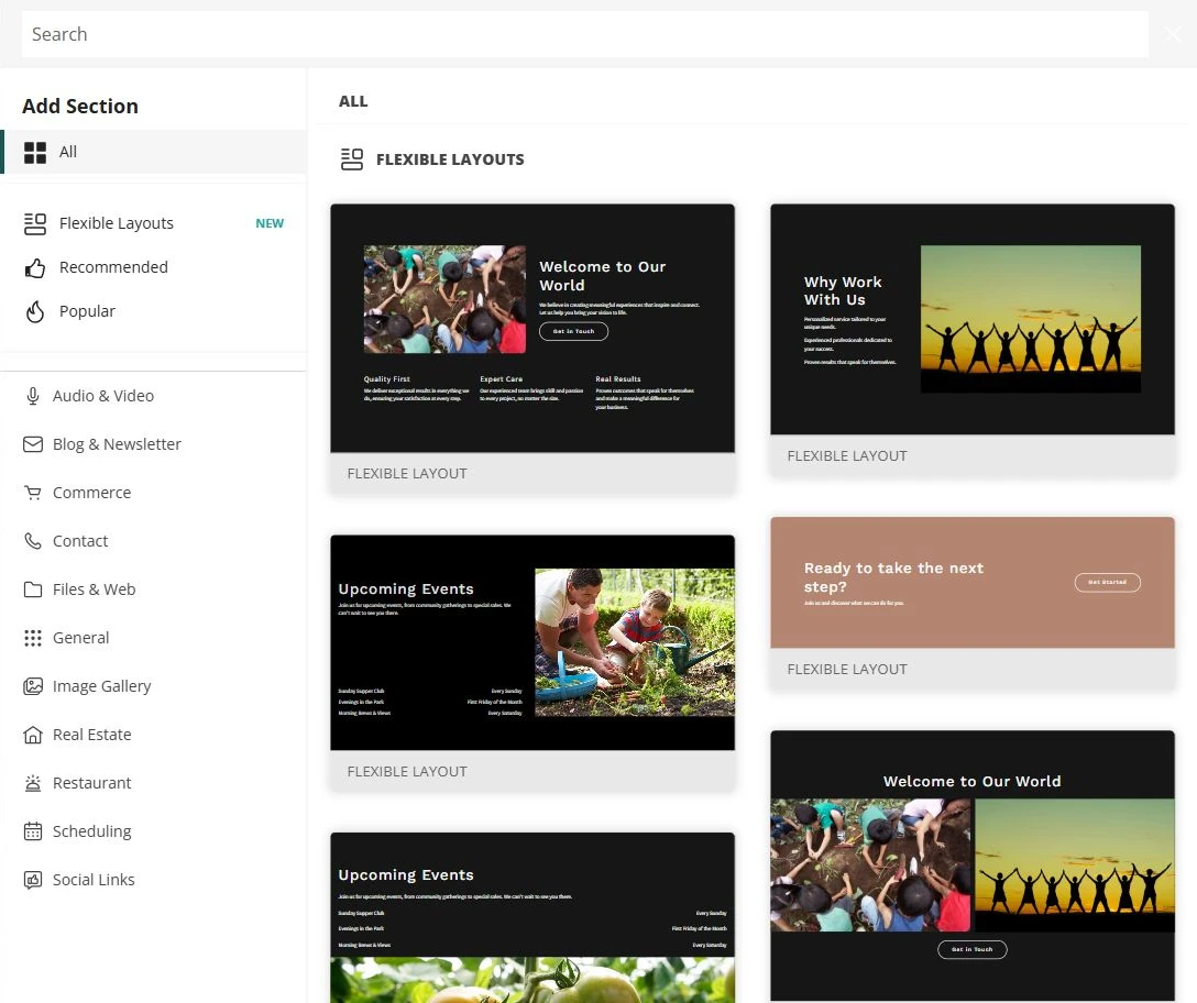 Website Builder Add Section library beside Prairie Sky Astronomy Club — privacy-cropped excerpt