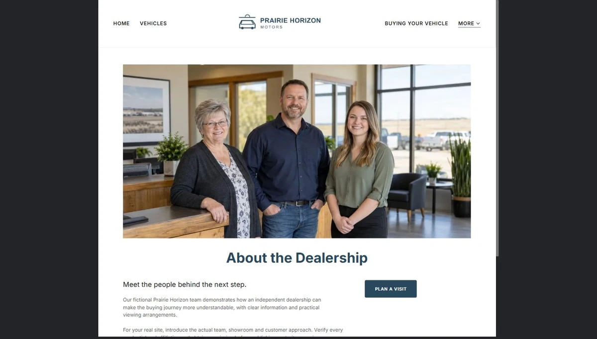 Finished About the Dealership example — privacy-cropped excerpt
