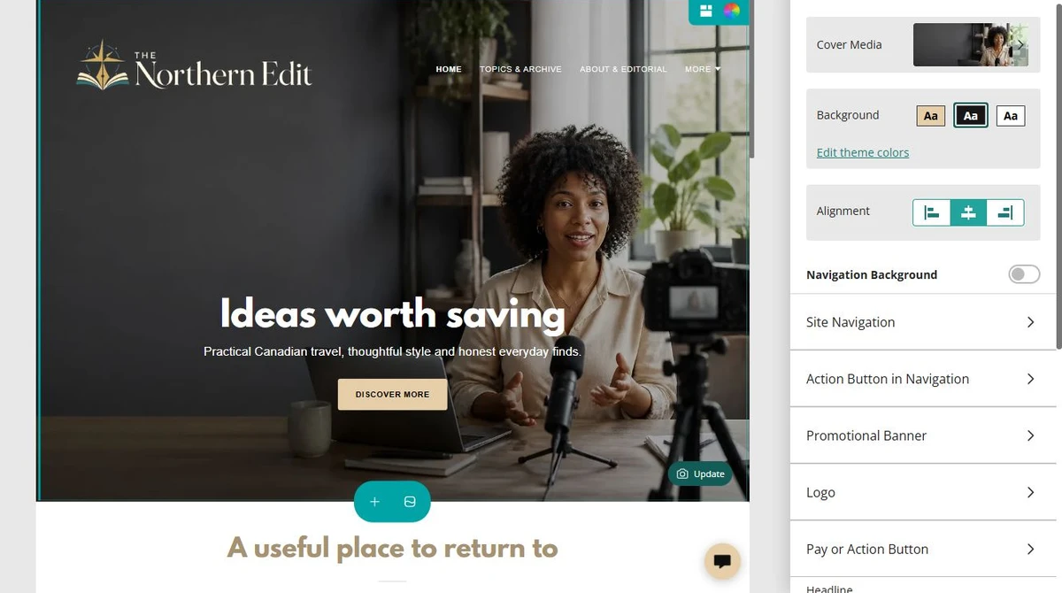 The Northern Edit cover and logo beside Website Builder header controls — privacy-cropped excerpt