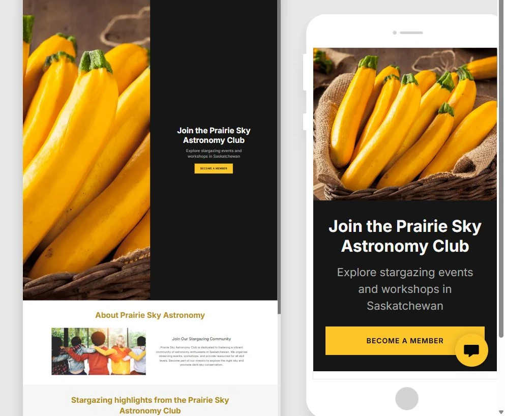 First generated Prairie Sky Astronomy Club website shown in desktop and mobile previews — privacy-cropped excerpt