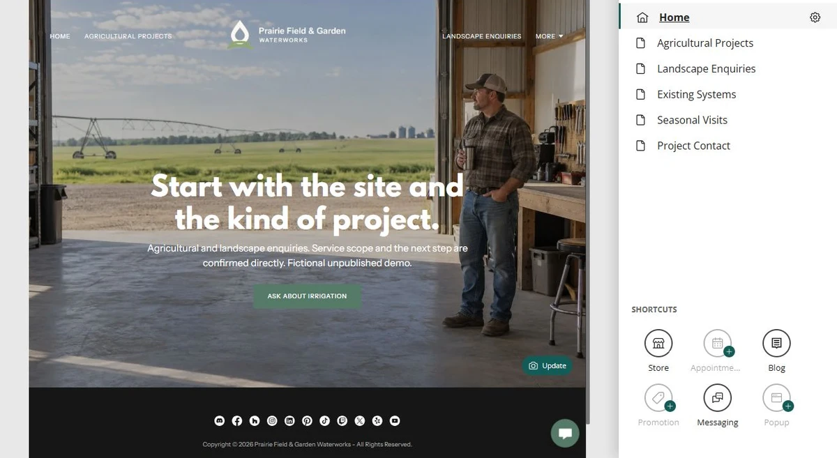 Prairie Field & Garden Waterworks · Website overview — privacy-cropped excerpt