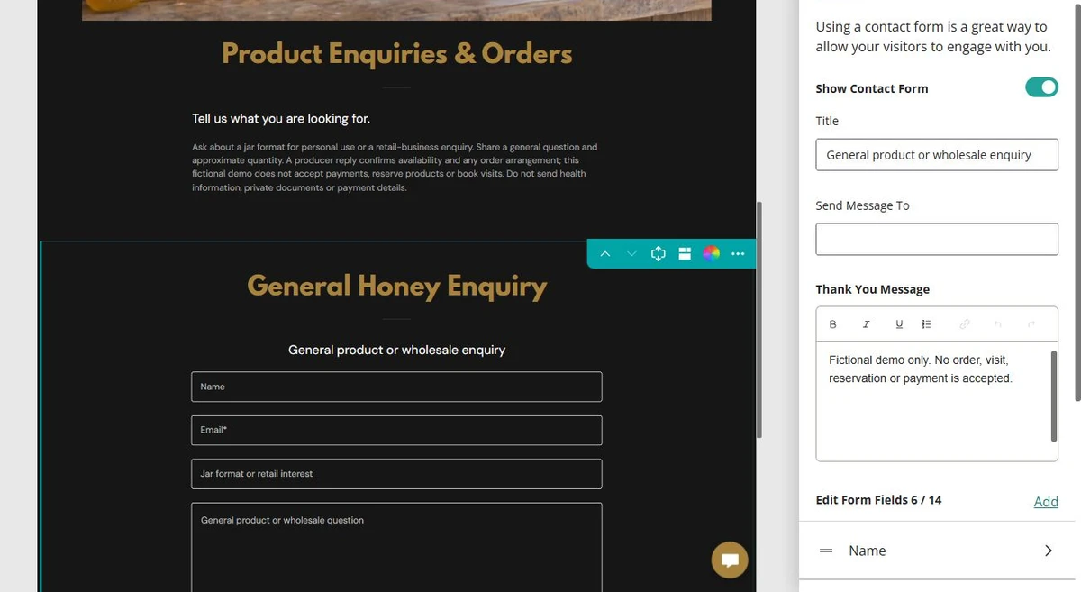 Prairie Cloverline Honey · Product enquiry form controls — privacy-cropped excerpt