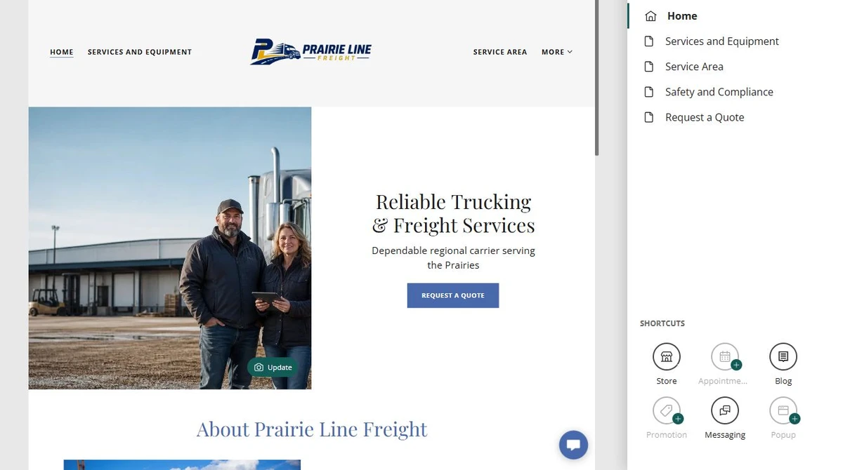 Prairie Line Freight page organizer and matching industry hero — privacy-cropped excerpt