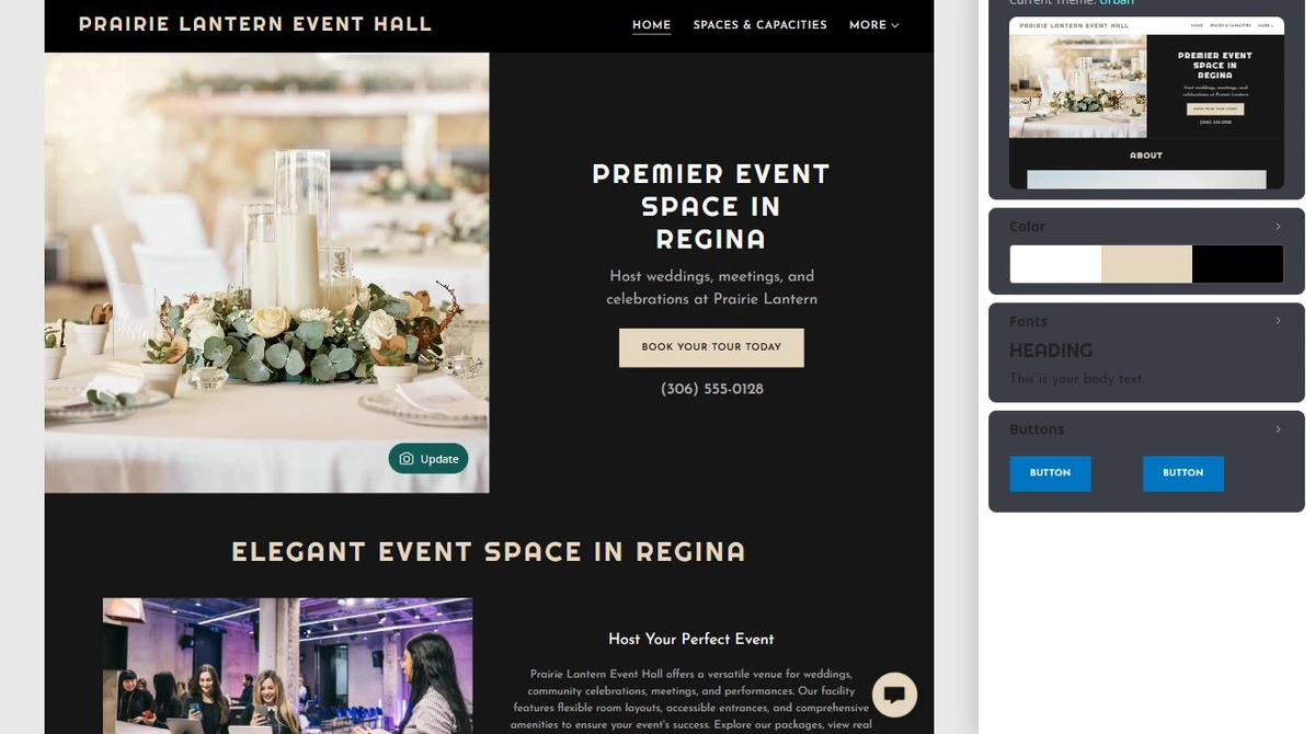Website Builder theme settings for Prairie Lantern Event Hall — privacy-cropped excerpt