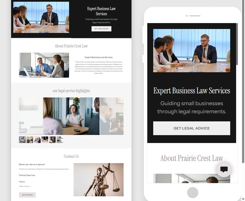Generated Prairie Crest Law first draft shown in desktop and mobile preview — privacy-cropped excerpt
