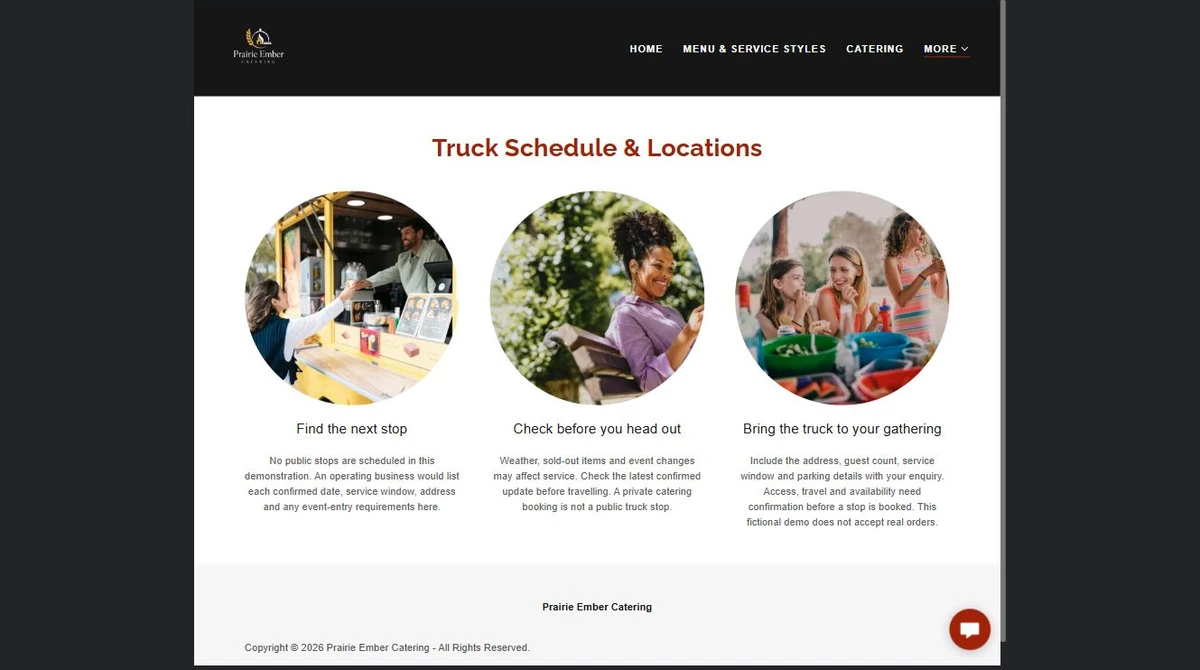 Finished Prairie Ember Catering truck schedule page — privacy-cropped excerpt