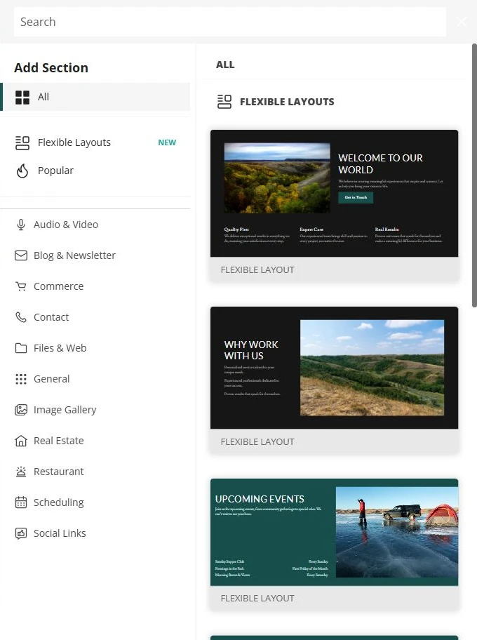 Website Builder section library beside Prairie Compass Tourism — privacy-cropped excerpt