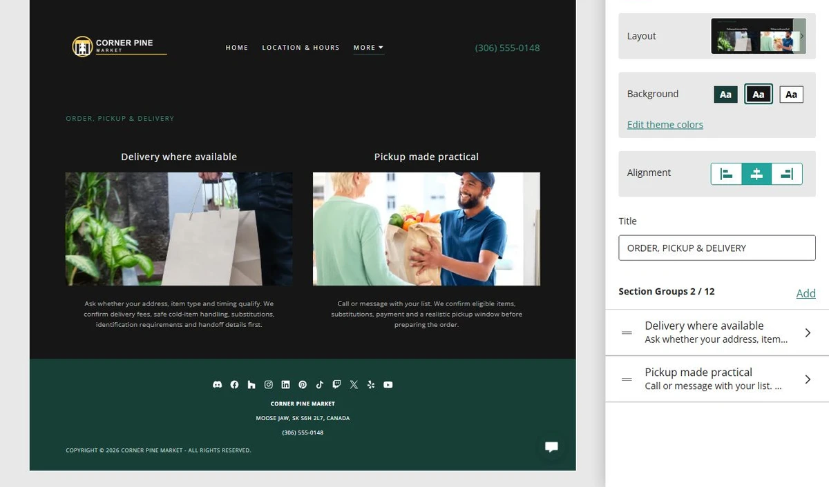Website Builder section groups for Corner Pine Market — privacy-cropped excerpt