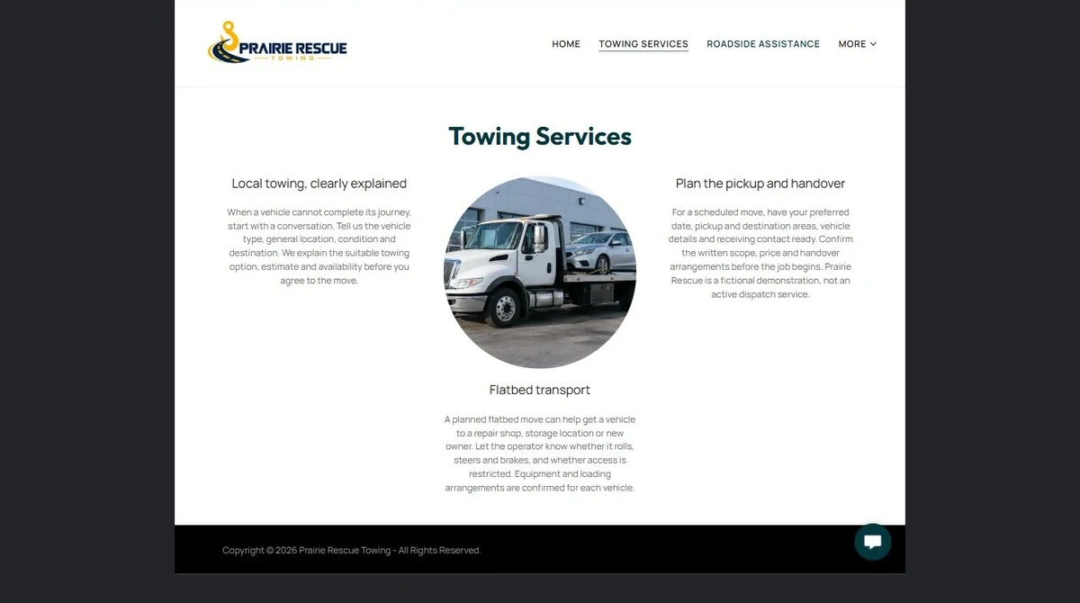 Finished Towing Services example — privacy-cropped excerpt
