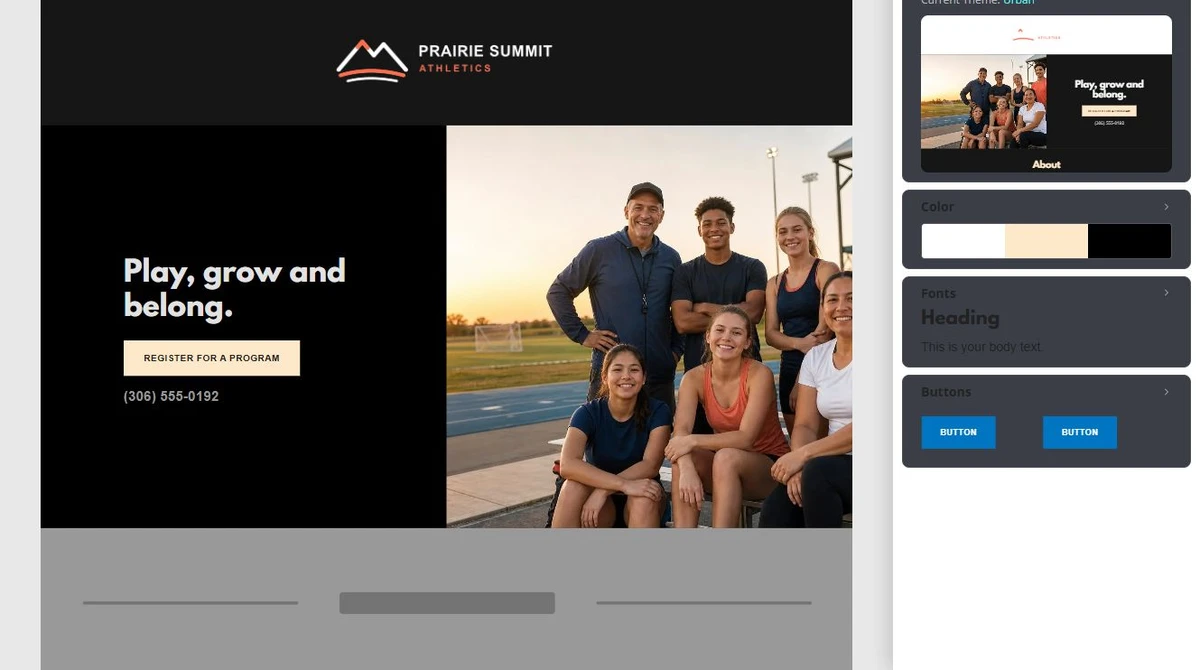 Website Builder theme overview for Prairie Summit Athletics — privacy-cropped excerpt