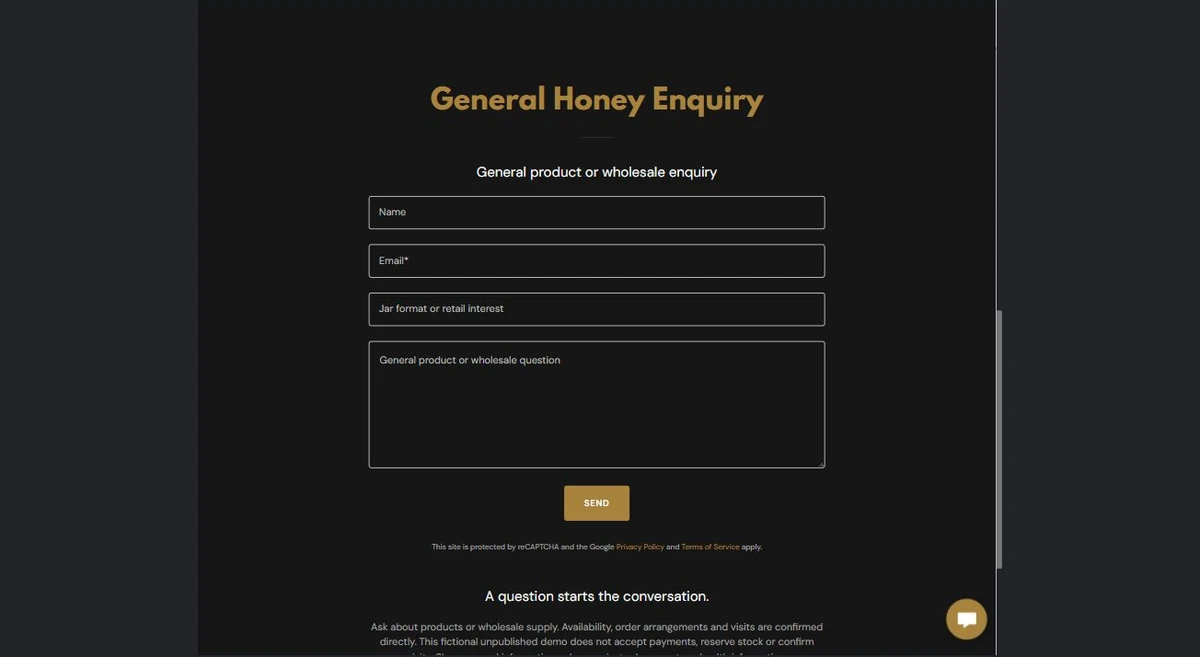 Product enquiry form · Desktop — privacy-cropped excerpt