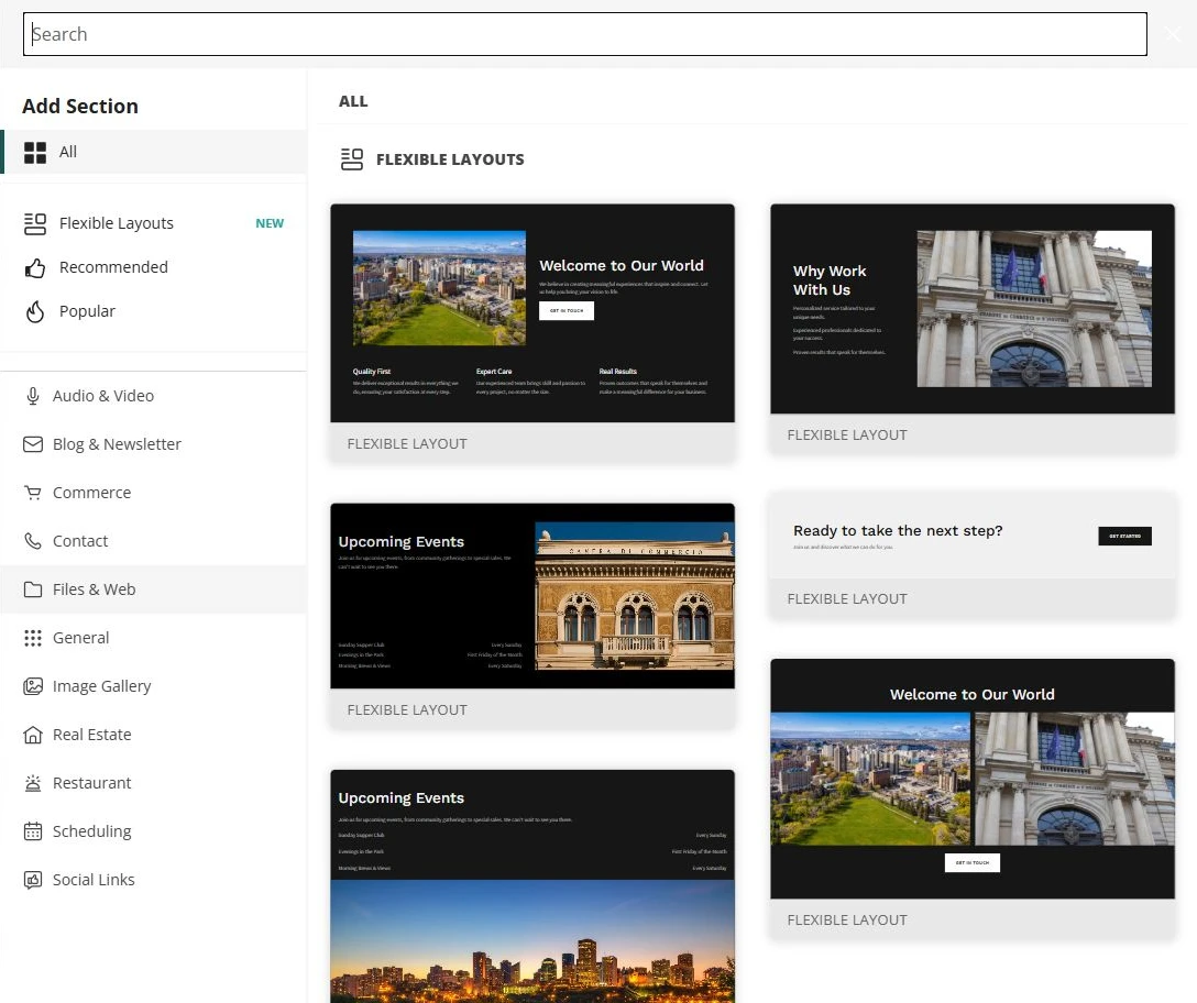 Website Builder Add Section library beside the Prairie Spotlight Live site — privacy-cropped excerpt