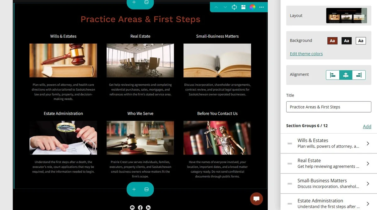 Website Builder editing the Prairie Crest Law Practice Areas page — privacy-cropped excerpt