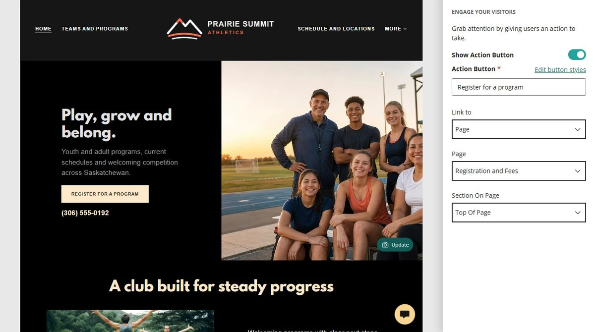 Website Builder action button settings for Prairie Summit Athletics — privacy-cropped excerpt